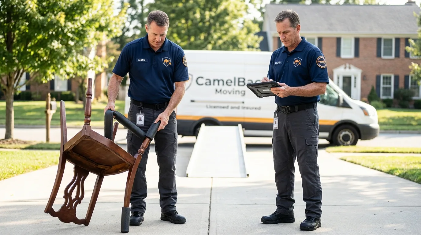 Movers inspecting furniture for damage prevention before loading in West Simsbury, CT
