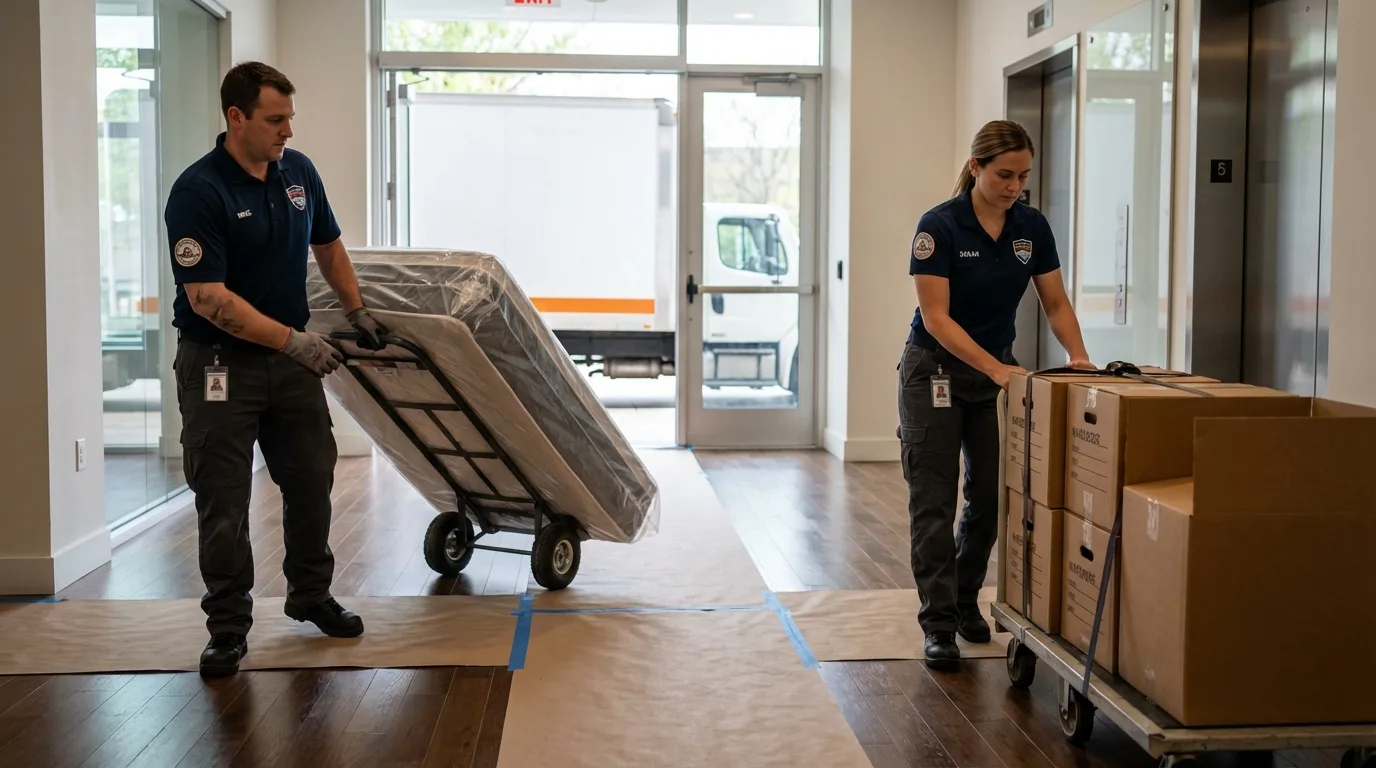 Professional apartment movers loading elevator in West Simsbury, CT