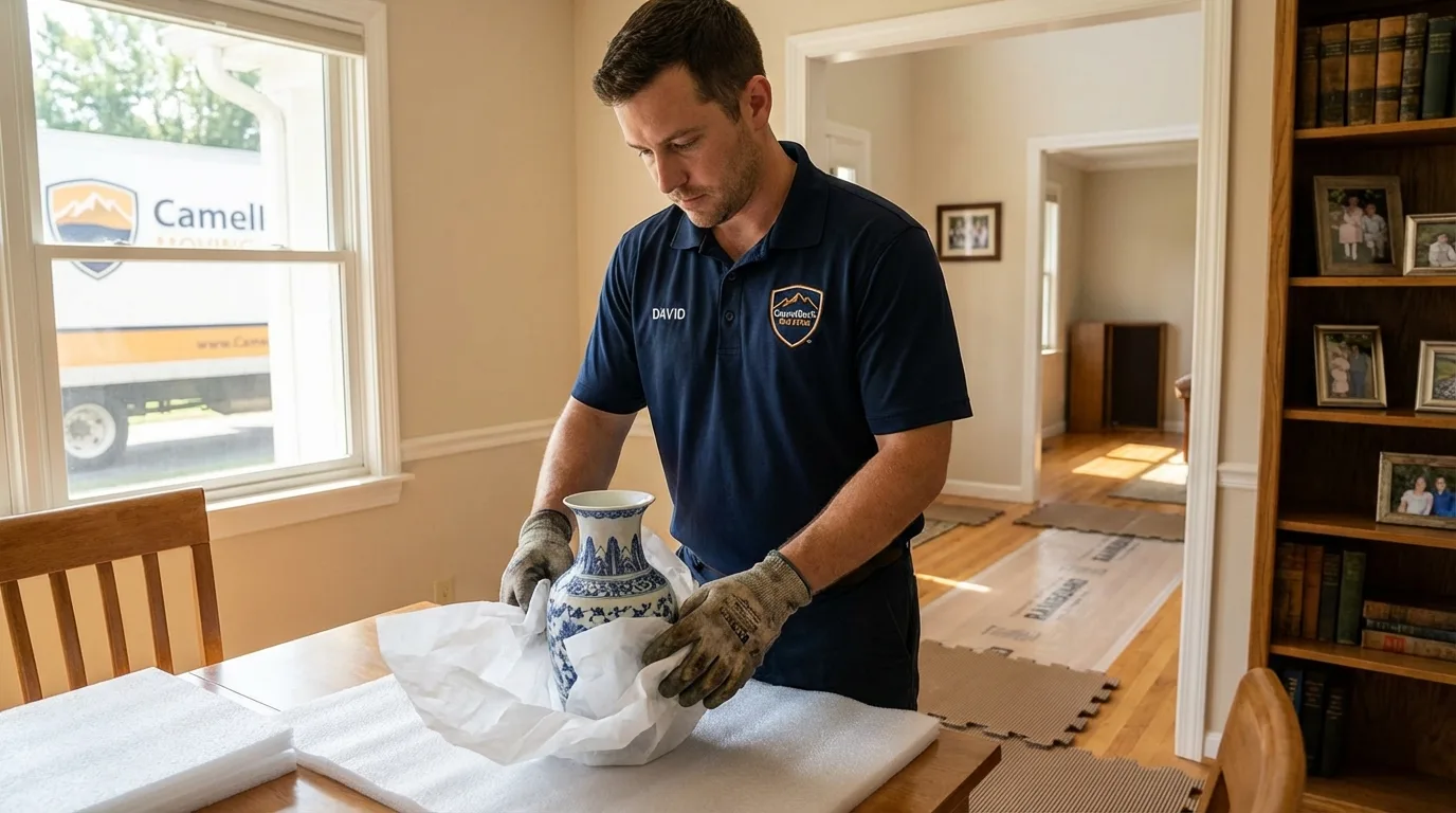 Professional crew carefully wrapping antique vase for senior downsizing move in West Simsbury, CT