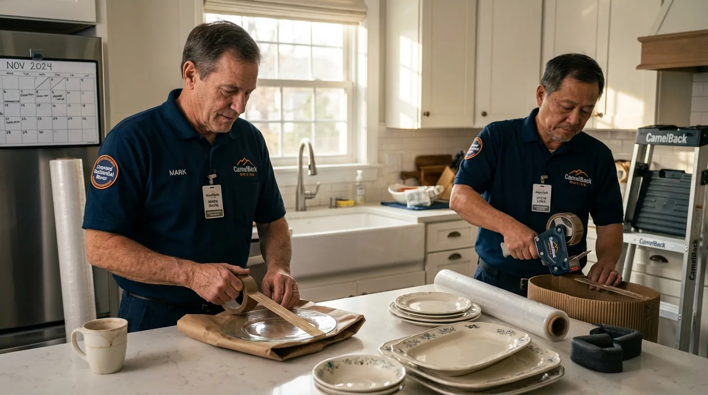 Professional crew packing kitchen dishware in West Simsbury, CT